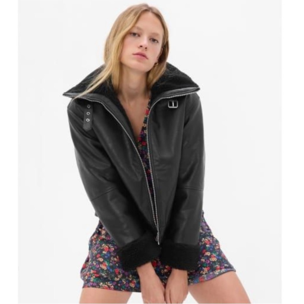GAP Faux Leather Sherpa-Lined Moto Jacket size L